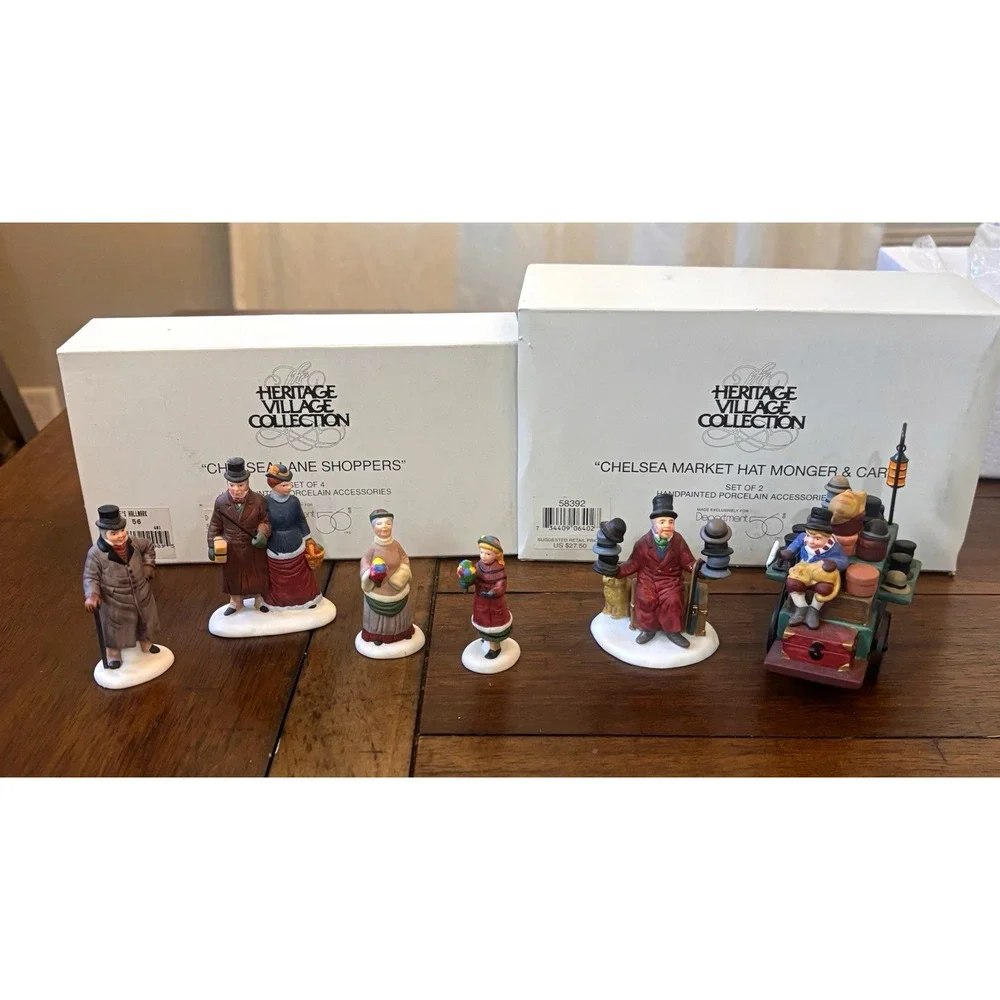 Dept 56 Dickens Village Chelsea Lane Shoppers & Hat Monger Cart Set #58390 58392